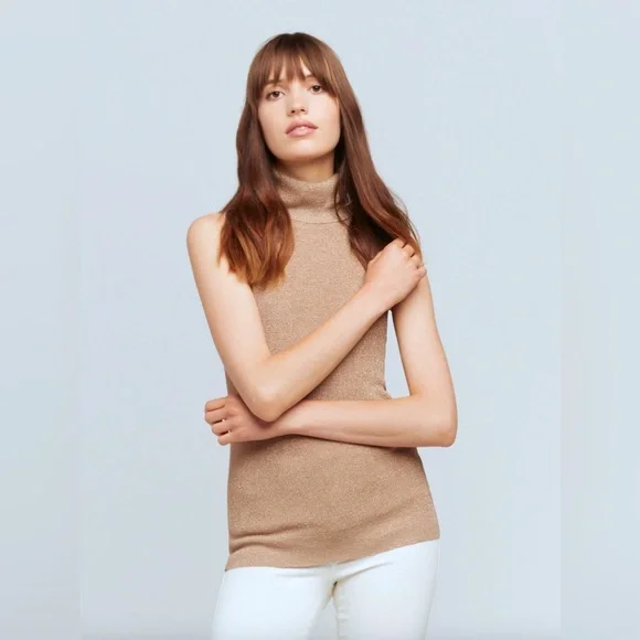 REVOLVE L’Agence XS Sabrina Sleeveless Turtleneck Top Knit Blouse Gold Biscotti - Picture 5 of 11